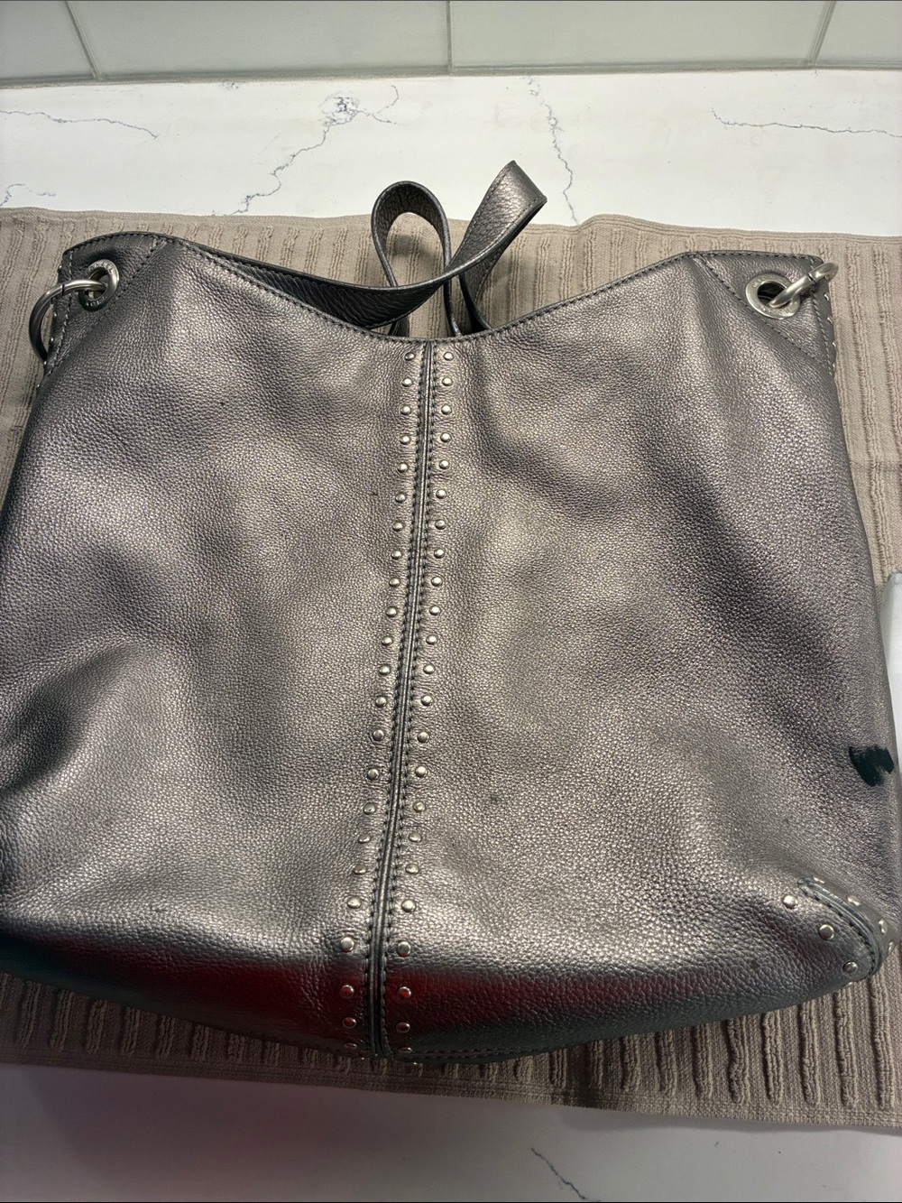 Michael Kors Metallic Pewter Studded Leather Shoulder Bag - Picture 2 of 4